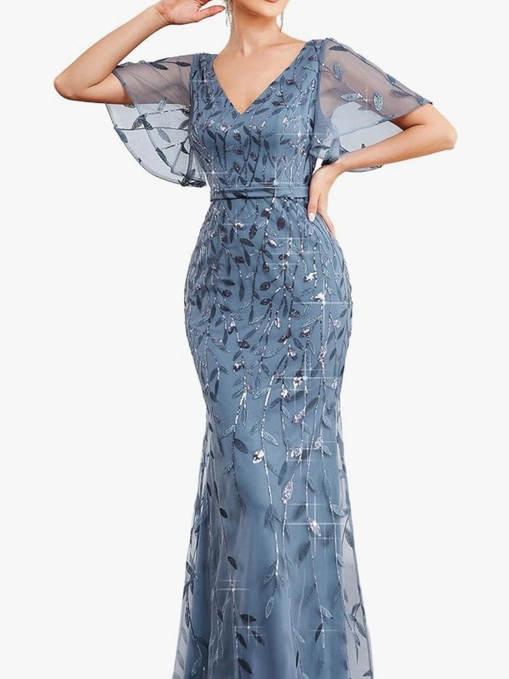Ever Pretty Slate Blue V-Neck Sequin Leaf Full Length Dress